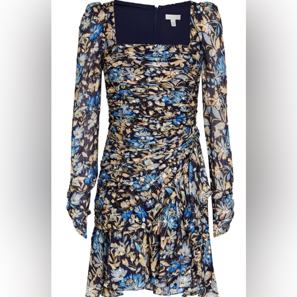 Monique Lhuillier Blue and Beige Metallic Floral Ruched Long-Sleeve Dress - Picture 3 of 8